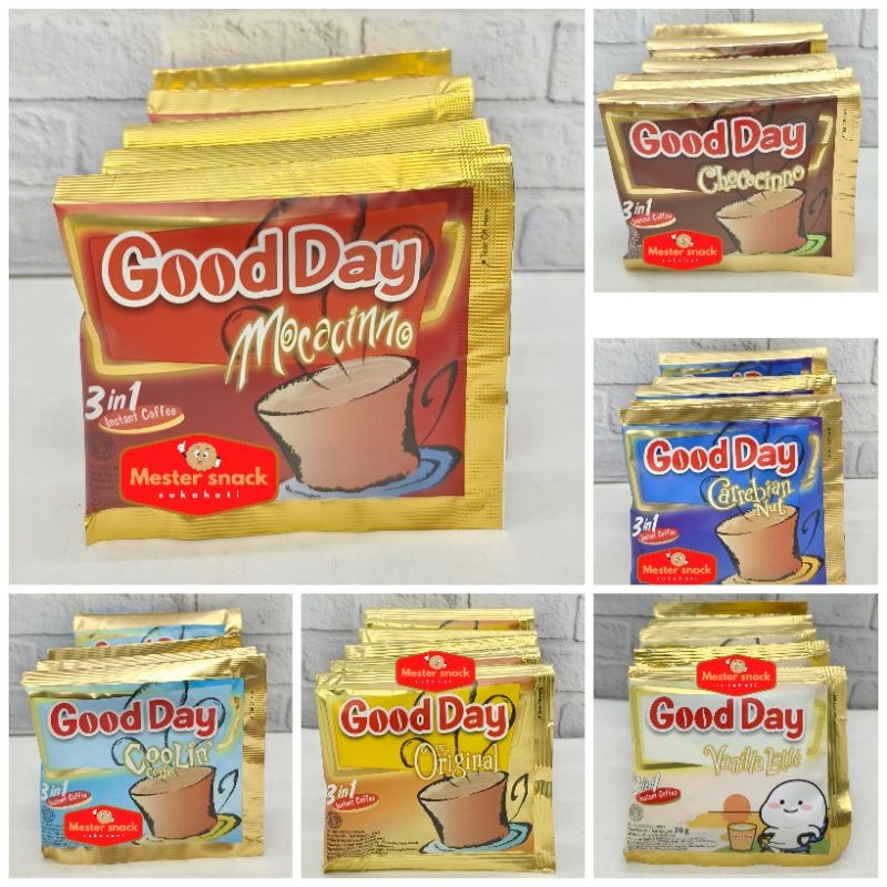 

Kopi Good Day 3 in 1 mocacinno/chococinno/coolin/carebian nut/original/vanilla latte Renceng 20gr (1 renceng isi 10 pcs)