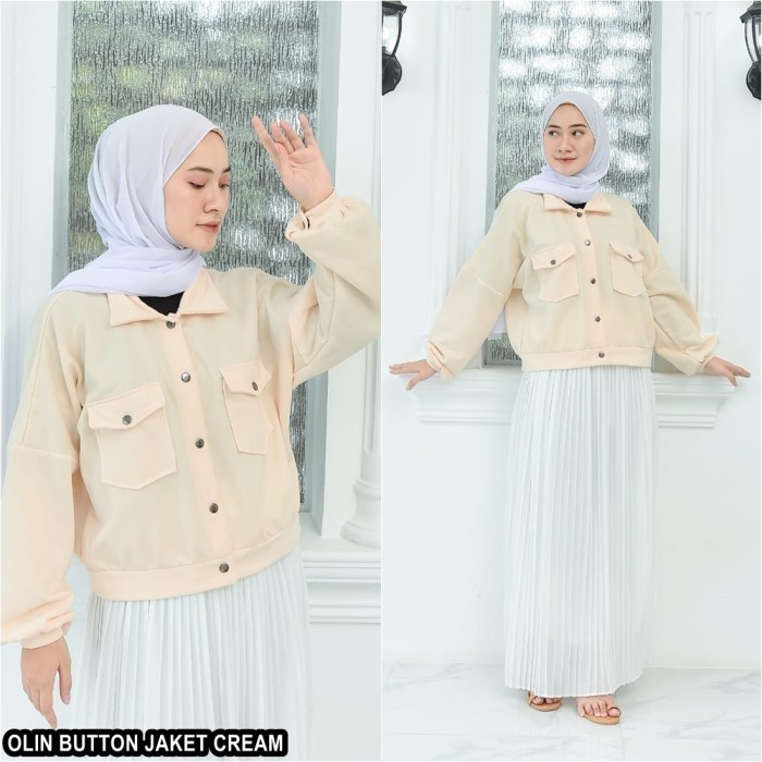 ✨TERLARIS✨ -JAKET Wanita Polos Kancing Saku OLIN BUTTON Jacket Outer - CREAM