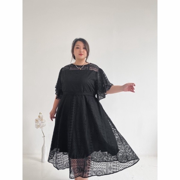 SUPER JUMBO DRESS PESTA WANITA SHELENA BROKAT MALAIKA IMPORT LD 140 - Hitam