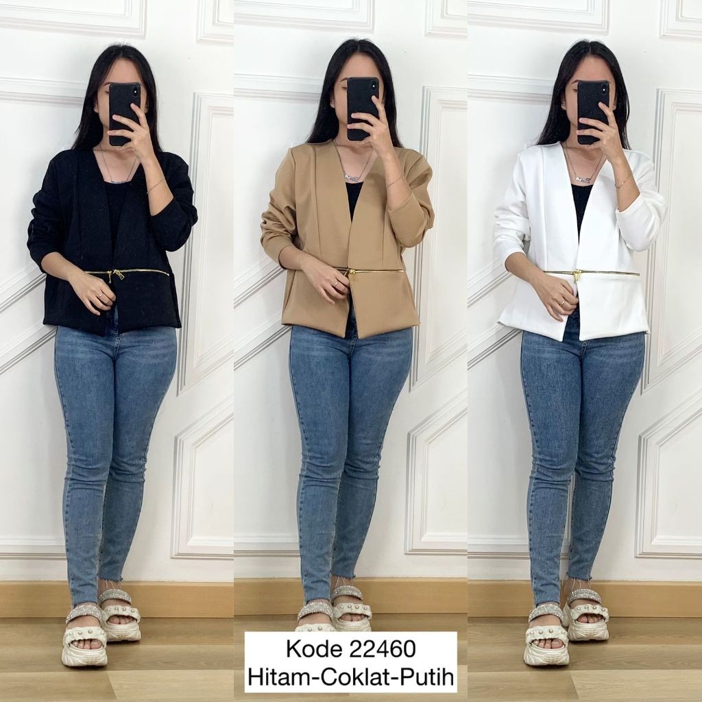 OUTER BLAZER SCUBA JUMBO NO BUTTON VARIASI PINGGANG TWIN ZIPPER LEHER V NECK LENGAN PANJANG PREMIUM 
