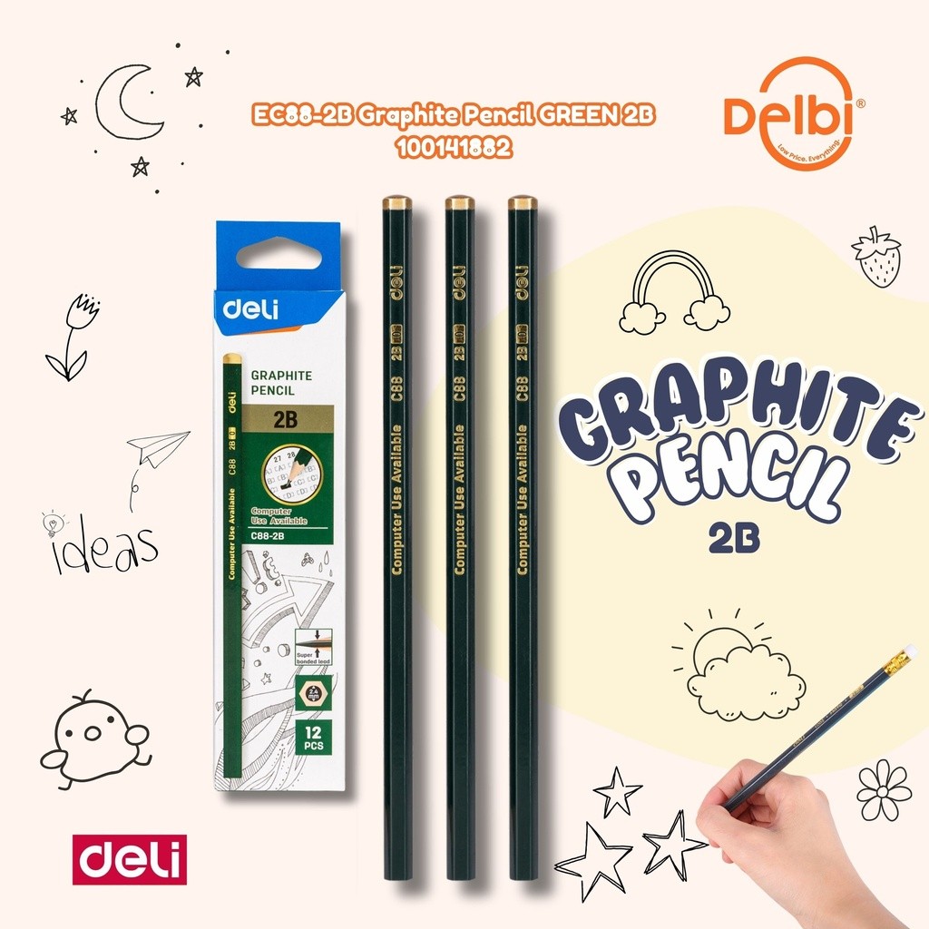 

Deli Graphite Pencil / Pensil Kayu 2B 1 Pack Isi 12pcs Kualitas Bagus EC88 EC88-2B Graphite Pencil GREEN 2B