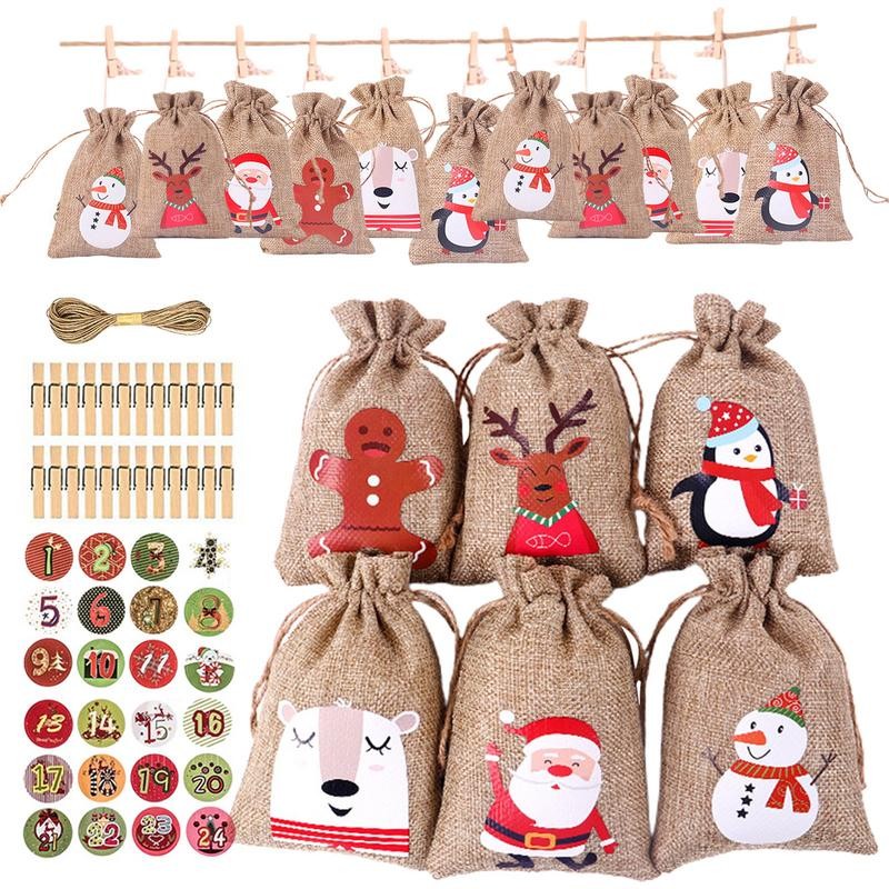 

24Pcs Christmas Advent Calendar Gift Bags Merry Christmas Decor For DIY Paper Clips Stickers Cristmas Ornament Xmas Navidad