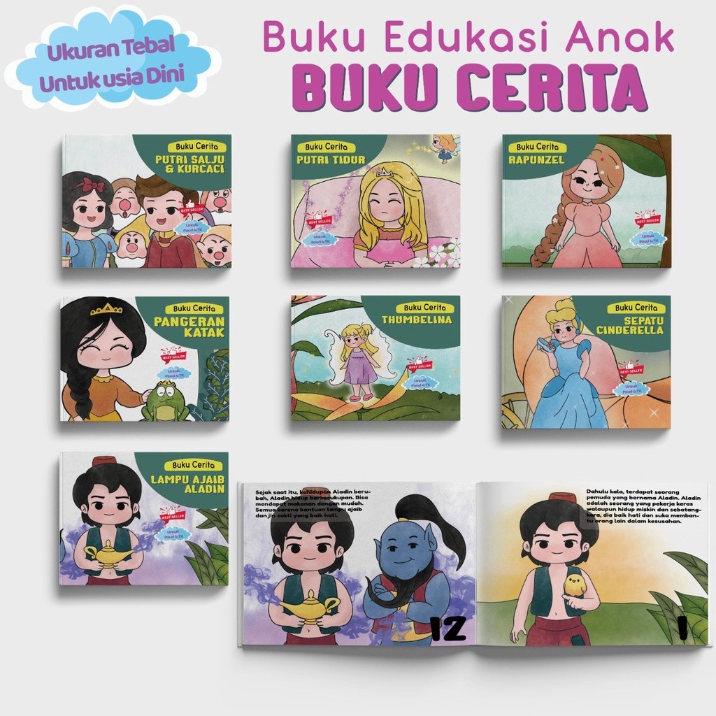 

BUKU CERITA ANAK BERGAMBAR FULLCOLOUR LAMPU AJAIB ALADIN PANGERAN KATAK CINDERELLA RAPUNZEL THUMBELINA PUTRI TIDUR MAINAN EDUKASI ANAK POSTER PUZZLE FLASH CARD HAMPERS NEWBORN