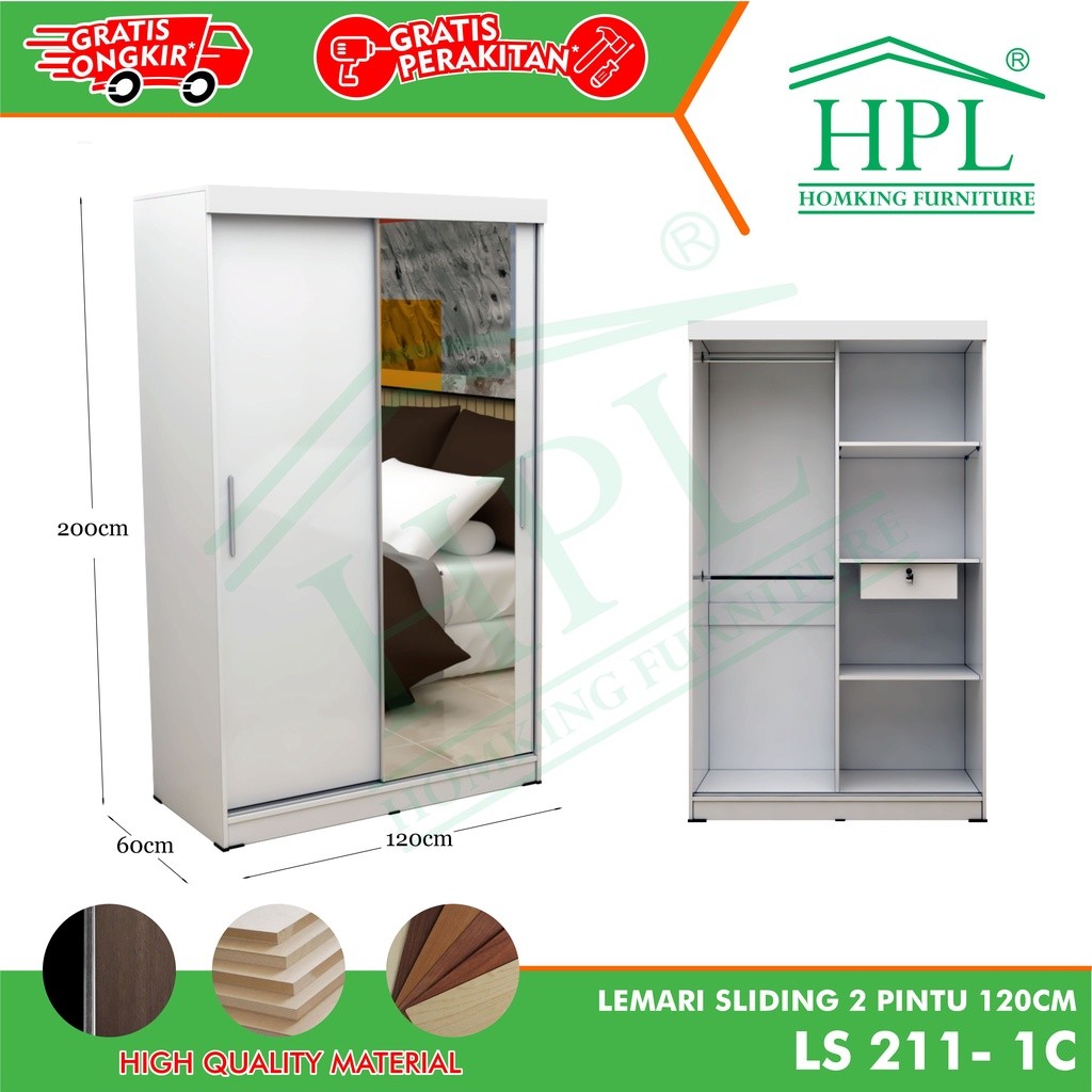 Lemari Pakaian HPL 2 Pintu Sliding + Cermin 1 Pintu