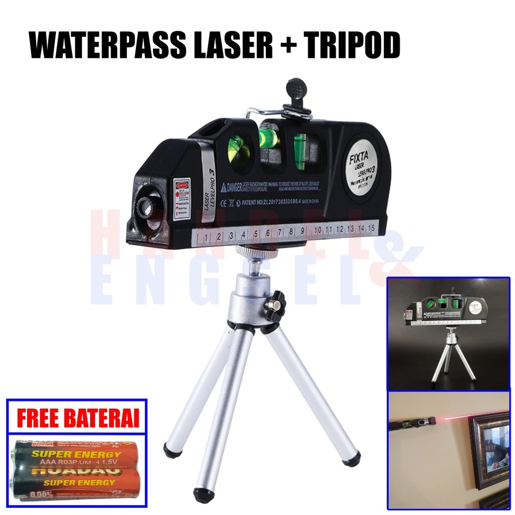 Fixta Level Penggaris Laser Waterpass dan Tripod Meteran Laser Pengukur Kemiringan Waterpas Bangunan