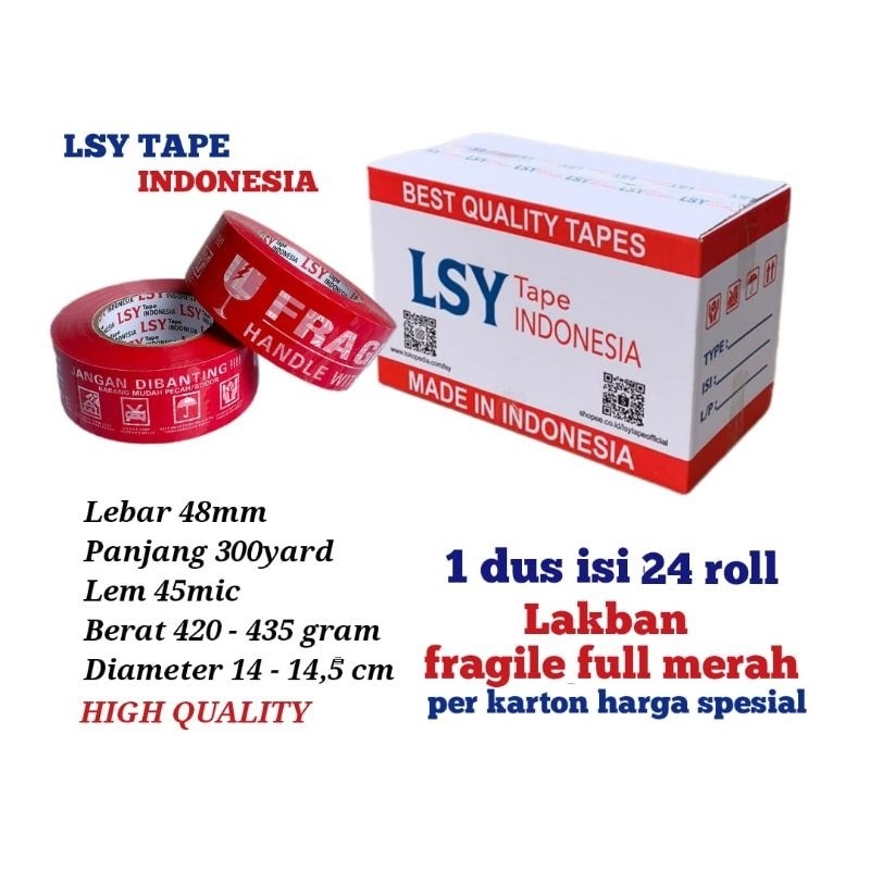 

lakban fragile full merah LSY TAPE 48mm x 300yard 1 dus isi 24 roll ( CMH )