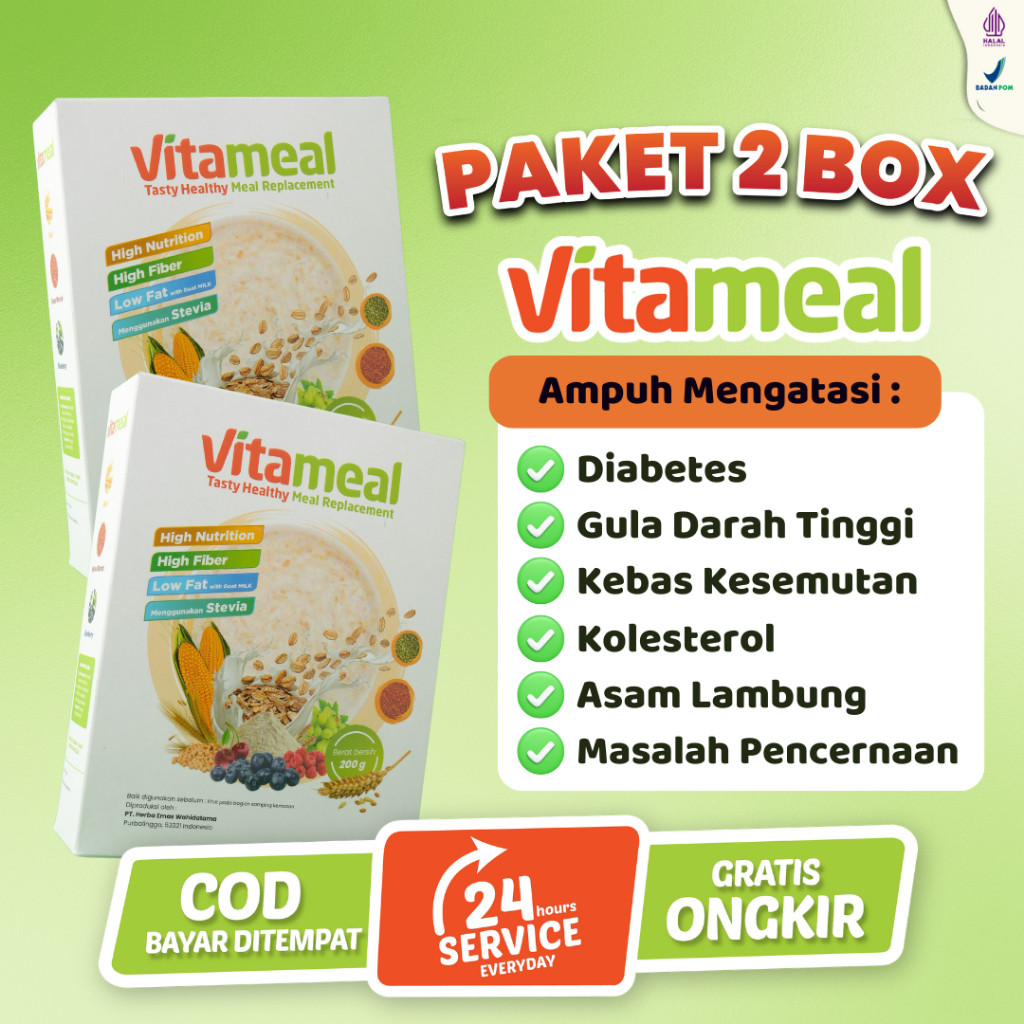 

ORI Paket 2 Box Vitameal Sereal Sehat Ampuh Diabetes Insulin Kebas Kesemutan GERD Asam Lambung VITAMINILK DIET