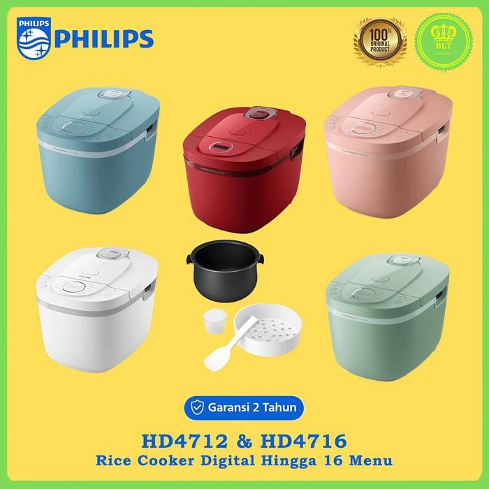 PHILIPS Rice Cooker Digital HD4712 1.8 Liter Fuzzy Logic HD4716 Putih Merah Hijau Pink Grey Pemanas 