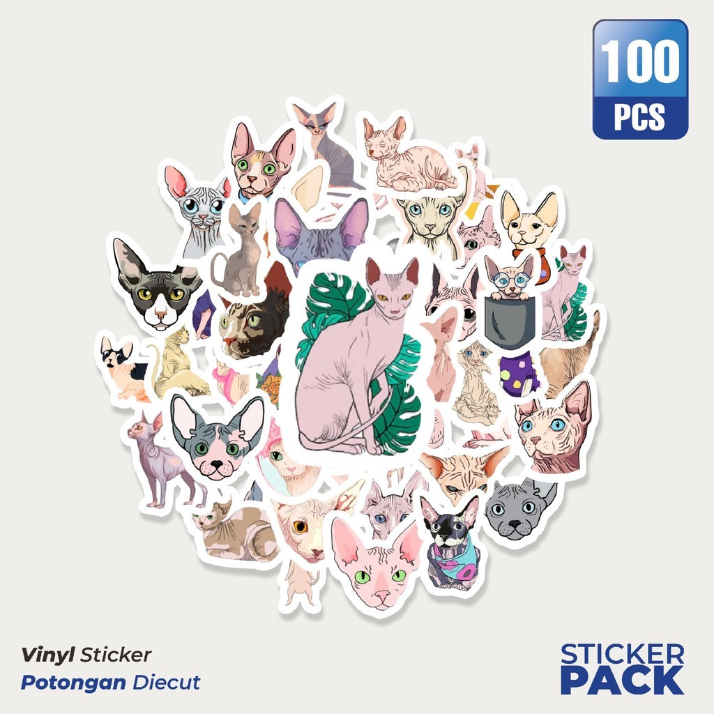 

MURAH 100 PCS Stiker Hewan Kucing Sphinx Waterproof Aesthetic- Untuk Laptop, Motor, dan Helm - Paper Stationery Pack