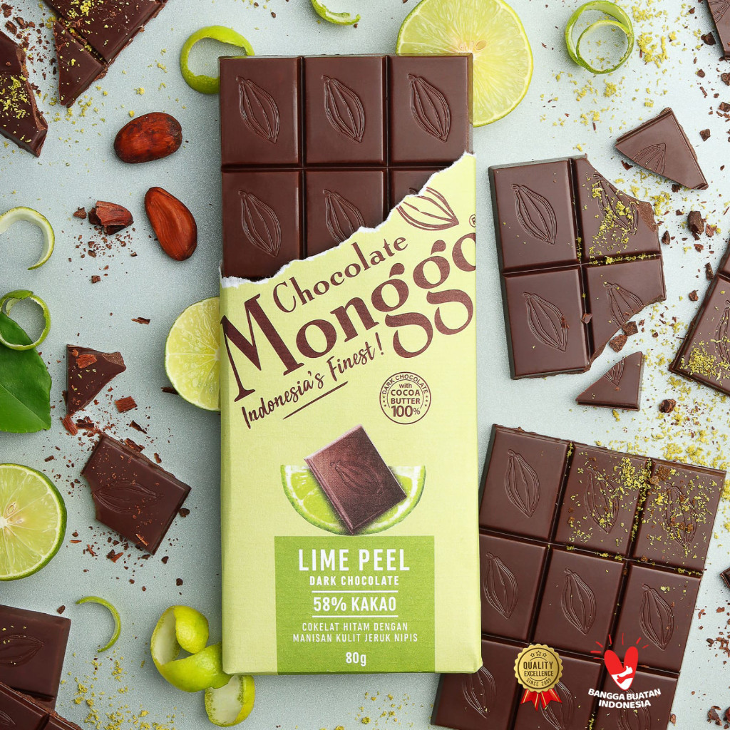 

Chocolate Monggo | Lime Peel & Dark Chocolate 80gr | Coklat Murni 100% Kakao Butter | Cokelat Hitam & Manisan Kulit Jeruk Nipis