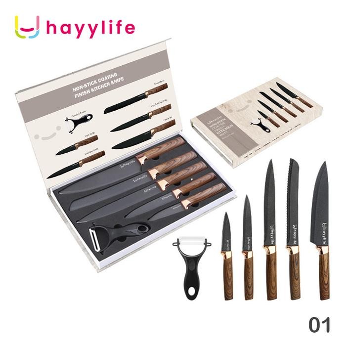 Hayylife Knife Set Dapur Stainless Steel 6 in 1 Gagang Kayu / Set Pisau Dapur Baja Hitam Rumah Tangg