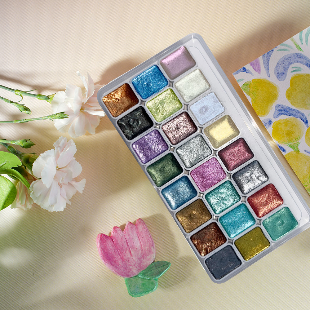 

24-Color Pearl Metallic Watercolor Paint Set, High Pigment Shimmer Pan Palette, Portable for Artists, Illustrators