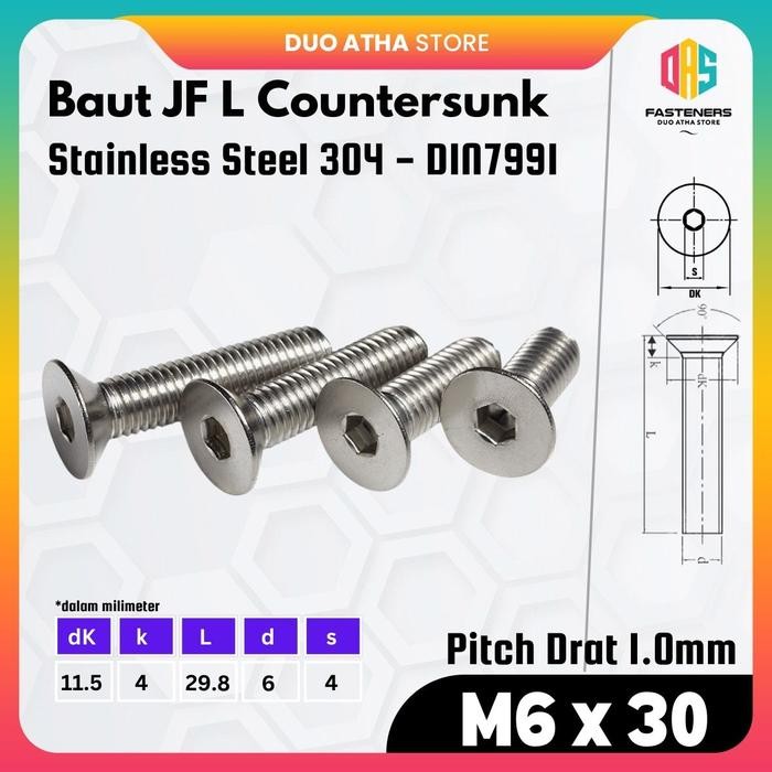 M6x30 Baut JF L M6 x 30 Stainless / Baut Verseng M6 x 30 Stainless / Countersunk M6 x 30 Stainless S