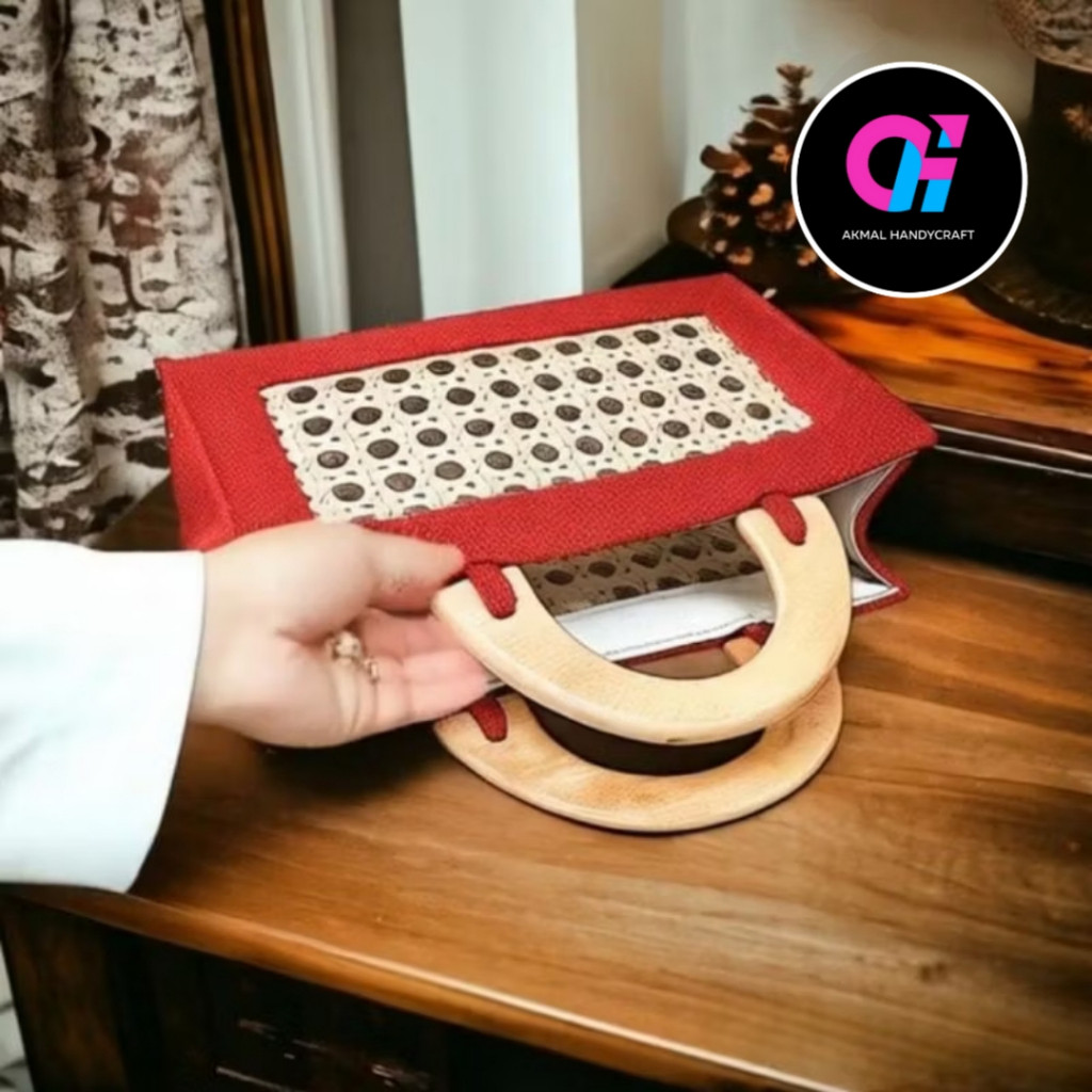 Akmal Handycraft Tas Wanita Keren Bahan Kain Goni Variasi Anyaman Bambu Dilapisi Mika Tangkai Kayu A