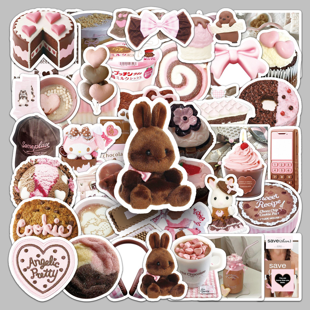 

50Pcs Pink Brown Ins Style Stickers - Vintage Sweet Korean Decals for DIY Journal & Cup