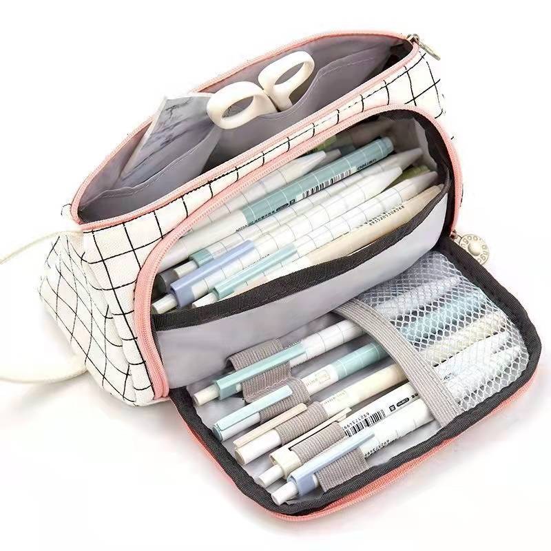 

School Pen Pencil Bag Pencil Case Stationary Pen Storage Bag Multi Layer Large Capacity Cosmetic Travel Storage Bag Simple Plaid