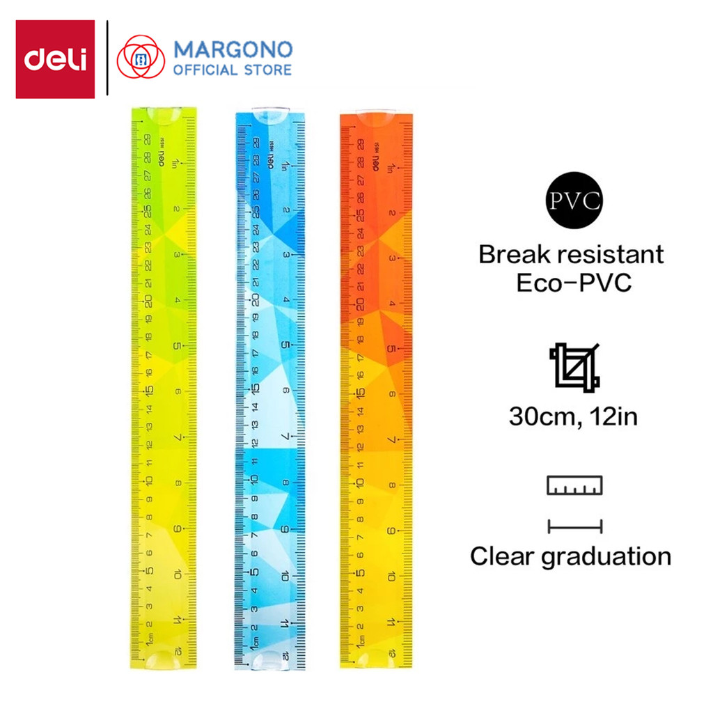 

Deli Penggaris 30 cm / 12 Inch Anti Patah Flexible Eco-PVC Transparan Warna Cerah - 1 pcs