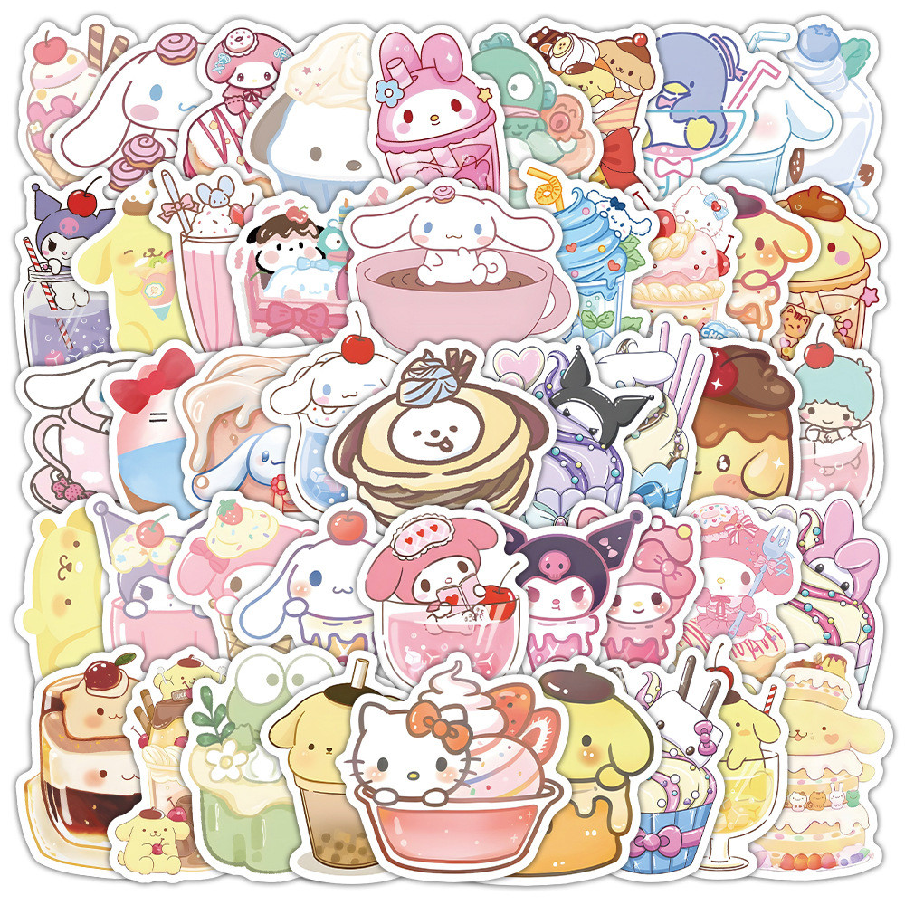

53pcs Cute Funny Food Sanrio Cartoon Stickers Aesthetic Hello Kitty Kuromi My Melody Anime Decals Kawaii Kids Sticker Toys