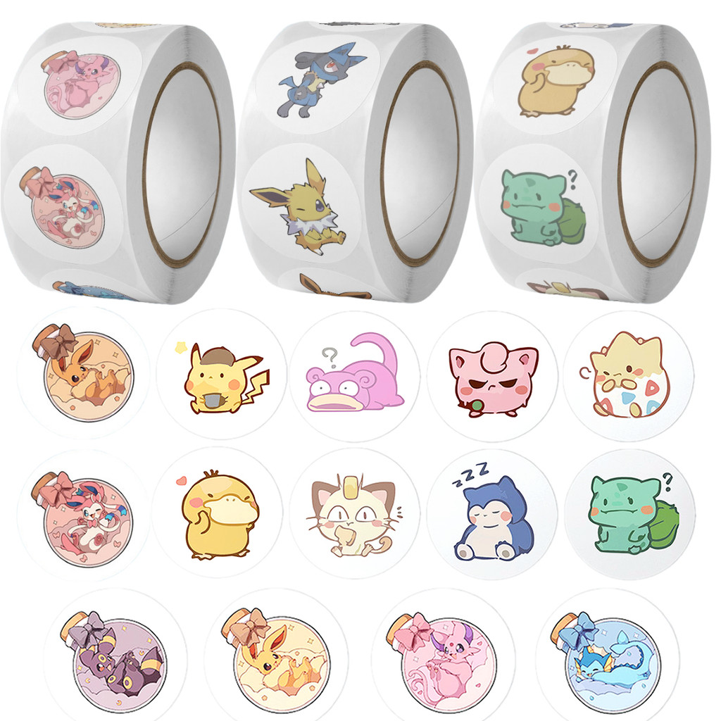 

500pcs/Roll Cartoon Kawaii Anime Pokemones Stickers Cute Eevee DIY Laptop Decals Decoration Stiker Children Reward Toy Girl Gift