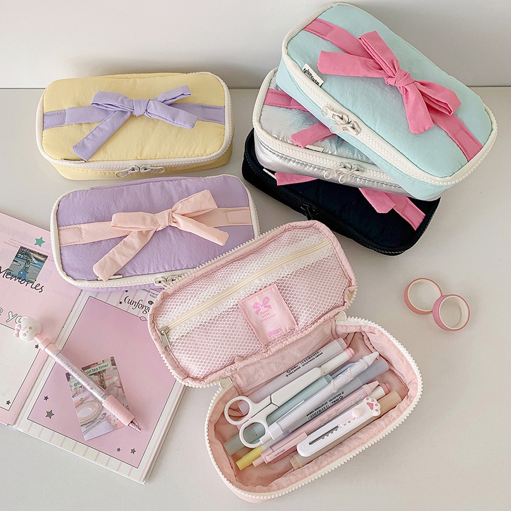 

INS Style Korean Fabric Craft Pencil Case Minimalist Bowknot Buggy Bag Student Stationery Bag Desktop Storage Bag