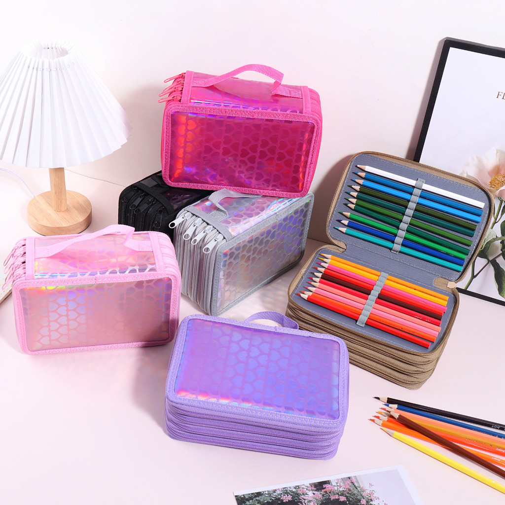 

1pc shiny heart four-layer pencil case, portable exquisite stationery storage bag, essential art drawing pencil case for school