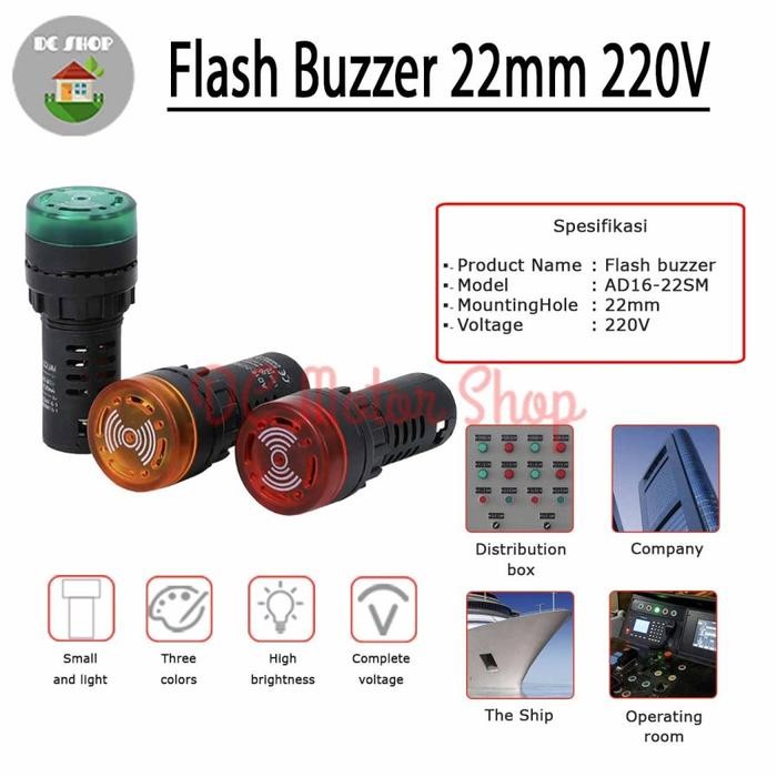 Pilot Lamp Buzzer LED 22mm Buzzer 220VAc Red / Merah AD16-22SM - Pilot Lamp Buzzer LED 22mm