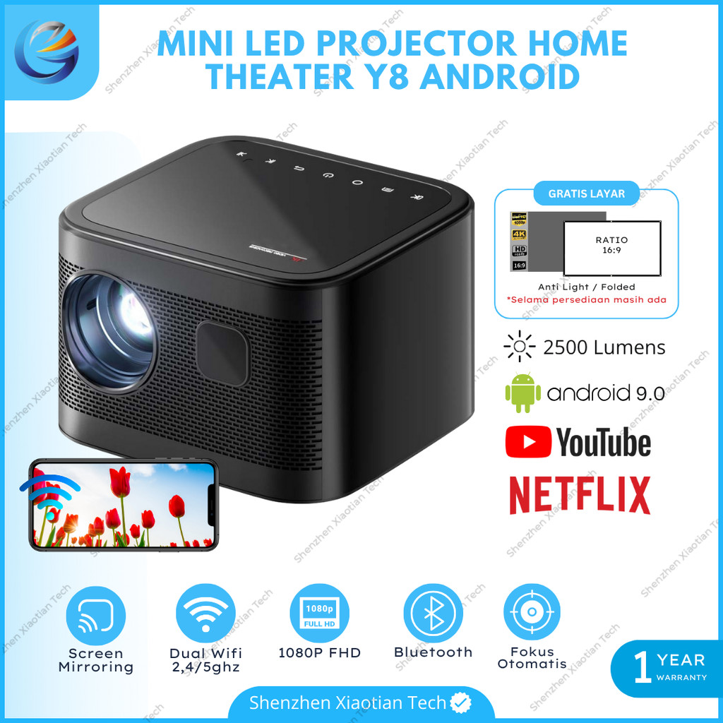 Proyektor Mini LED Y8 Android Wifi 2500 Lumens | Proyektor Mini Android 4K Full HD | Proyektor Mini 