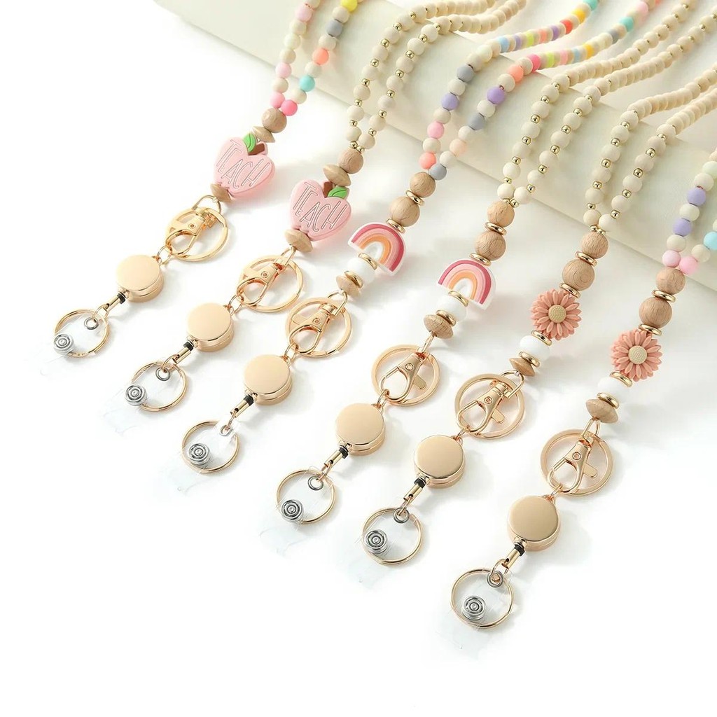 

Handmade Wooden Bead Keychain Rainbow Lanyard Work ID Card Holder Cross-Border Necklace Easy-Open Buckle Key Ring Accessory