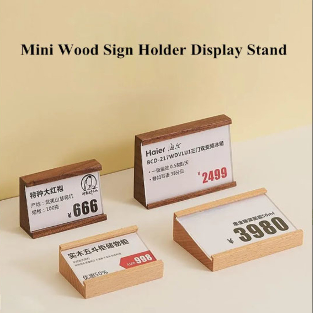 

70x40mm Small Wood Price Label Card Tags Menu Paper Holder Gift Store Products Name Card Acrylic Sign Holder Display Stand