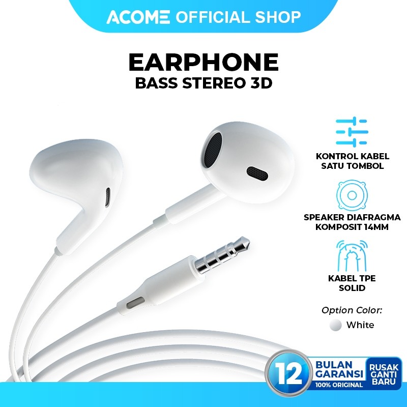 ACOME Wired Earphone Headset Stereo 3D Bass Jack 3.5mm Semi In-Ear AW10 White - Garansi Resmi 12 Bul