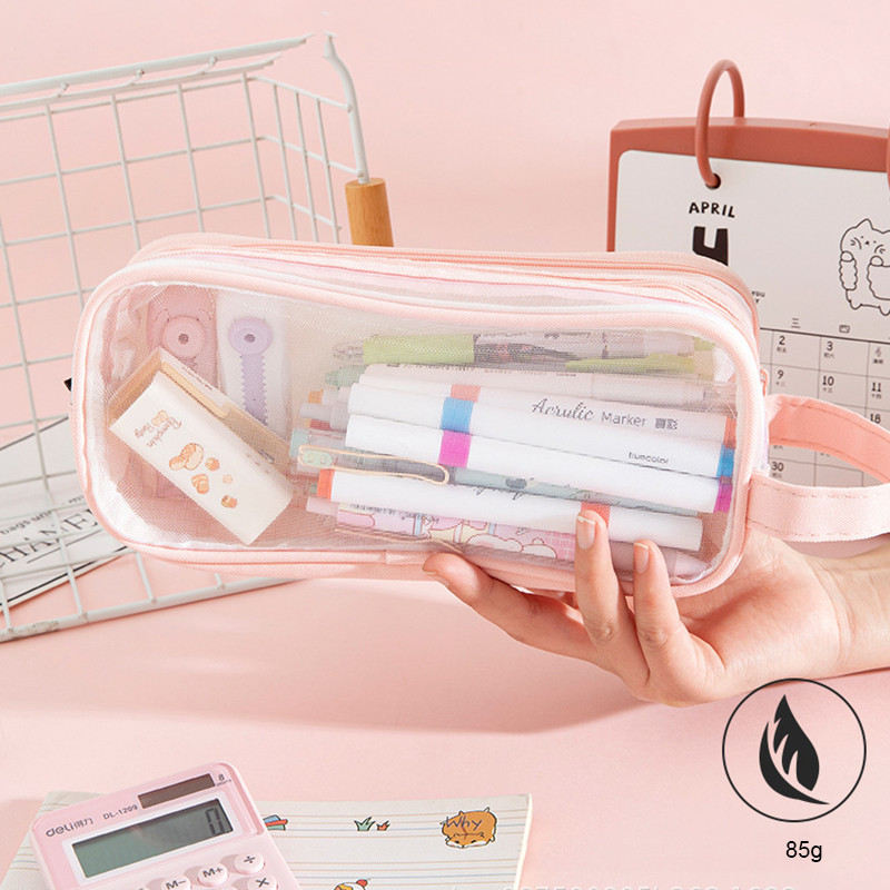 

Large Double Layer Mesh Pencil Case Transparent Handheld Pen Bag Multifunctional Pencil Pouch Stationary Back To School