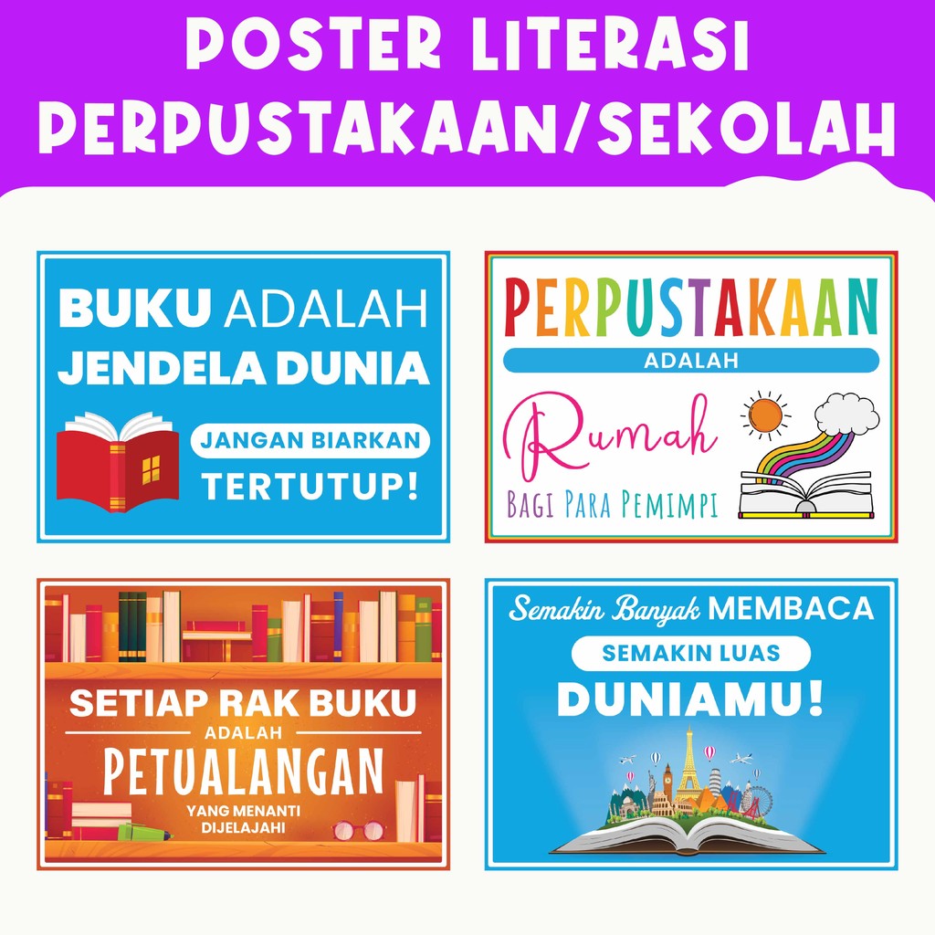 

POSTER Slogan Literasi Perpustakaan/Sekolah – Motivasi Membaca Dekorasi, Pajangan Dinding, dan Alat Bantu Mengajar untuk Kelas, Sekolah, Perpustakaan, serta Lomba Hari Kemerdekaan di jenjang SD, SMP, dan SMA