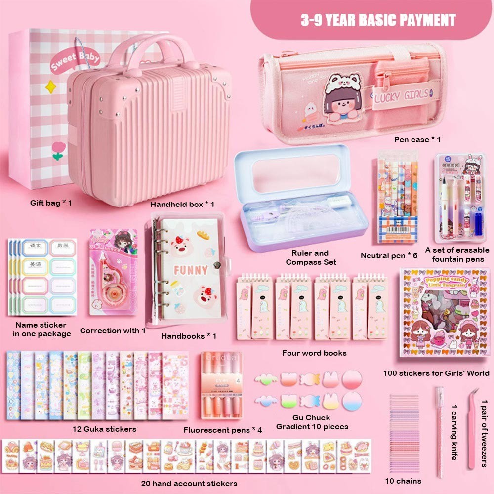 

Pink Study Stationery Set Stickers Sharpener Large Capacity Suitcase Stationery Gift Pack Creative Pen Bag Notebook Students