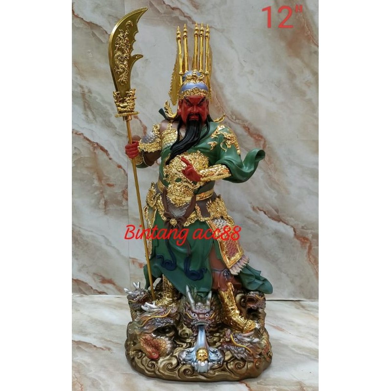 patung dewa kwan kung/ kwan kong / kwan te - 12inch - fiber - 5 bendera - naga - 2 jari