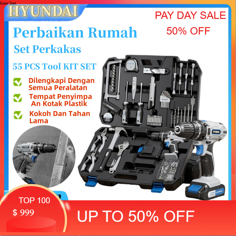 Hyundai 55 PCS Toolkit Bor listrik Alat Pertukangan Set bor listrik brushless Palu Handtool Box Set 