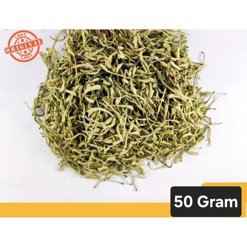 

[50Gram] HONEYSUCKLE FLOWERS YIN HUA teh bunga Jin Yin Hua 50Gram herbal alami gun hue untuk meredakan panas dalam yang di sertai dengan demam meriang kulit gatal-gatal