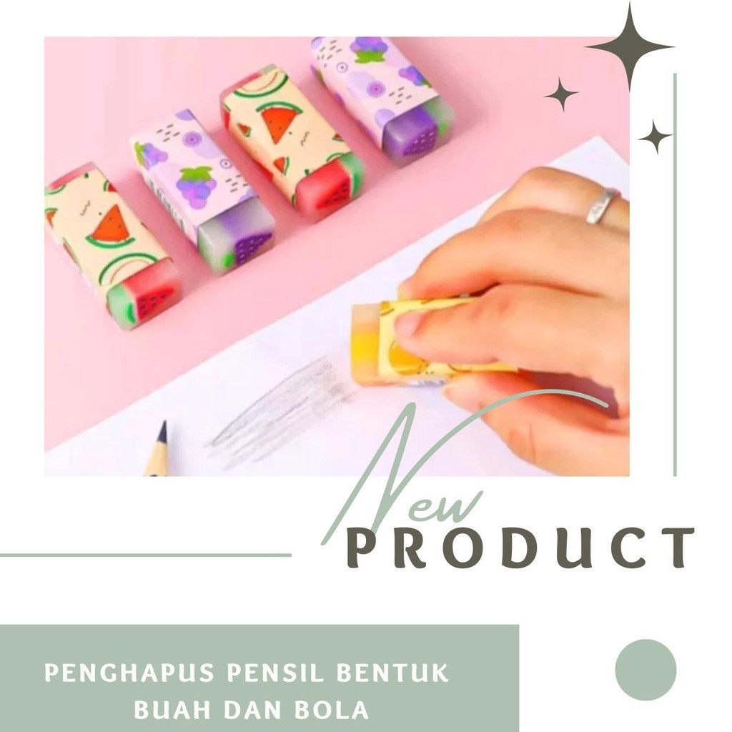 

5 Pcs Penghapus Pensil Panjang Fancy Bentuk Buah dan Bola Anak Anak
