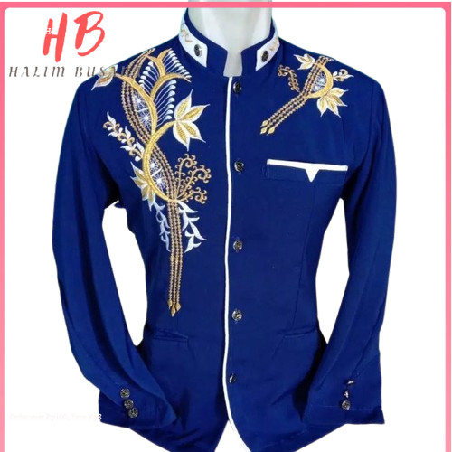 HB - Baju Koko Pria Dewasa Jasko Bordir Warna Biru Lengan Panjang Bahan High Twis Terbaru