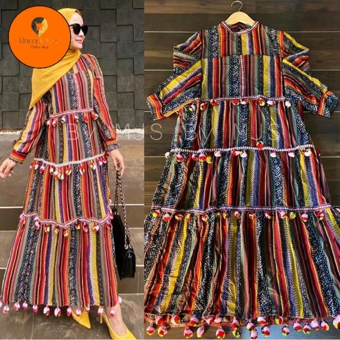 Raveril store TM 8810 Maxi Dress Wanita Pompom Indian Ice Silk Crepe - -, - gratis ongkir