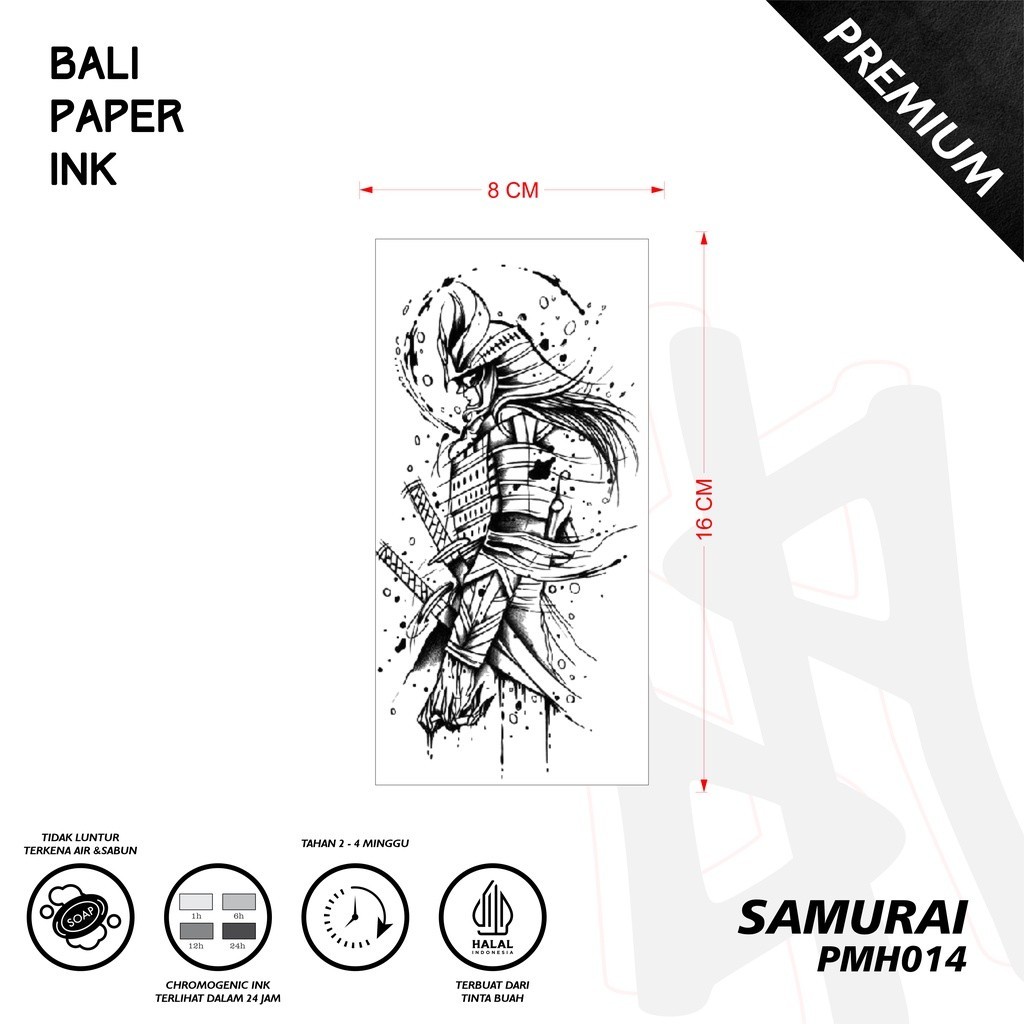 KEREN Tato Samurai PMH014 - Premium temporary tattoo - By Bali Paper Ink PROMO