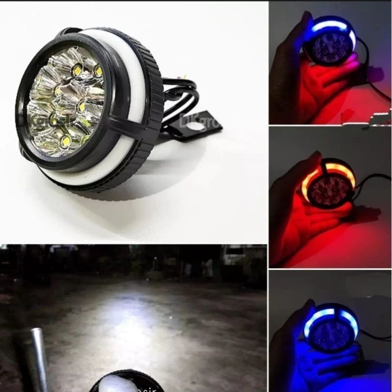 [ DELSER MOTOR ] TERLARIS LAMPU TEMBAK SOROT BULAT LED BRACKET SPION 9 MATA DENGAN ANGEL EYE 5 MODE 
