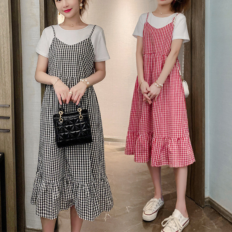 New Maternity Dresses Summer Fashion Clothing Wear Loose Short-sleeved Pregnancy Skirt Fake Two-piec