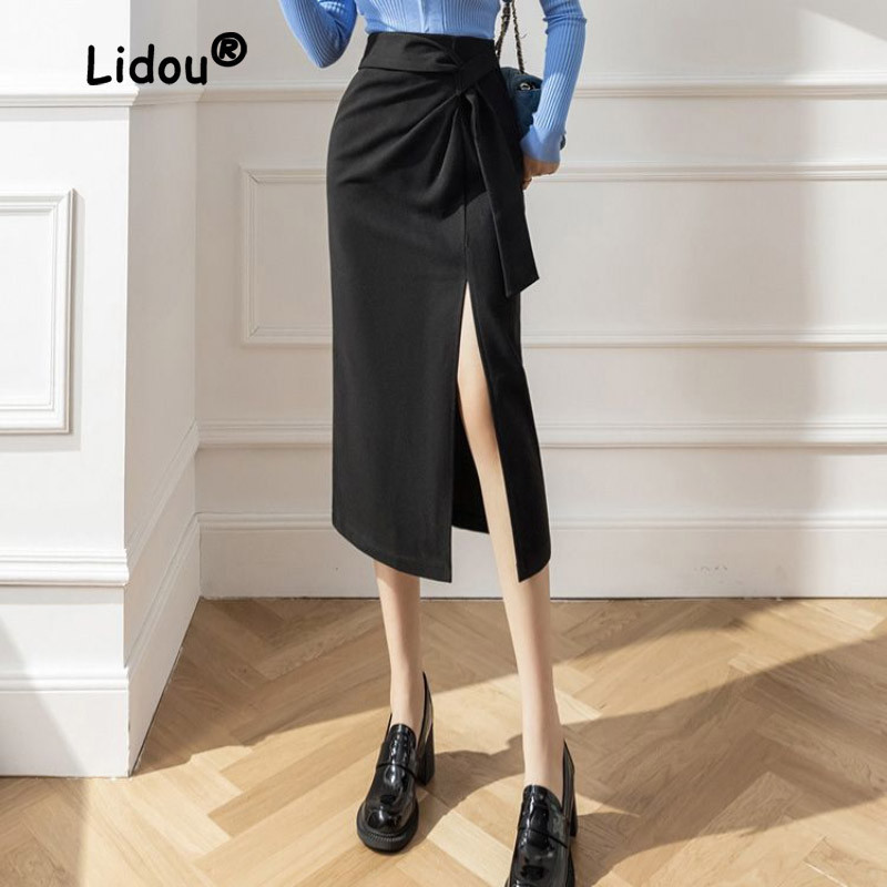 Side Pleated Slit Skirt Mid Length Elegant Summer Style High Waist Casual Office Slim Fitting Lace U
