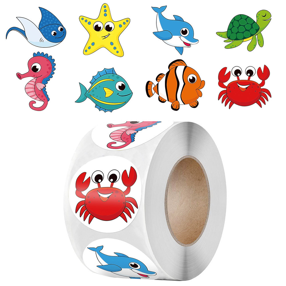 

50-500pcs Cartoon Animals Stickers For Kids Gift Toys Sticker 1inch 8 Designs Marine Life Starfish Turtle Reward Sticker