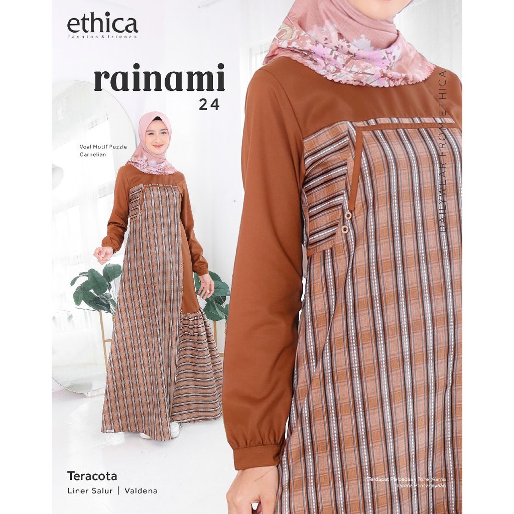 Ethica Rainami 24 Gamis Remaja OOTD Teracota Black Bahan Linen Salur Valdena Motif Garis Kombinasi