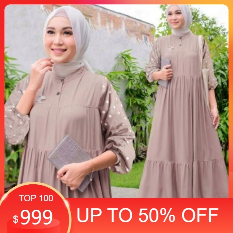 MURAAHH / Gamis lalisa polos kombinasi polkadot Ukuran  LD 120 cm midi dress terbaru Gamis kekinian