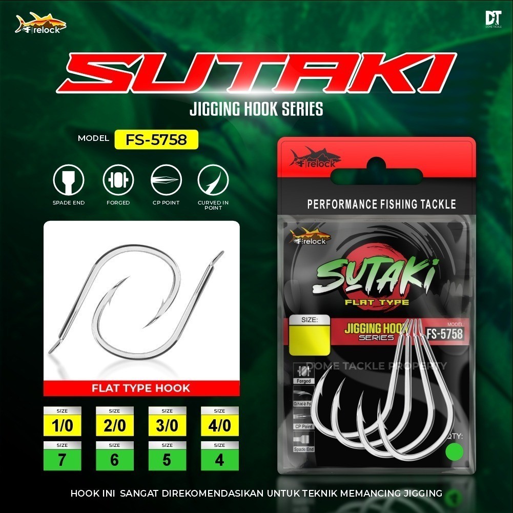 Firelock Hook Sutaki Flatted Single Hook Kail Pancing Jigging Tanpa Lubang Size 1/0 2/0 3/0 4/0