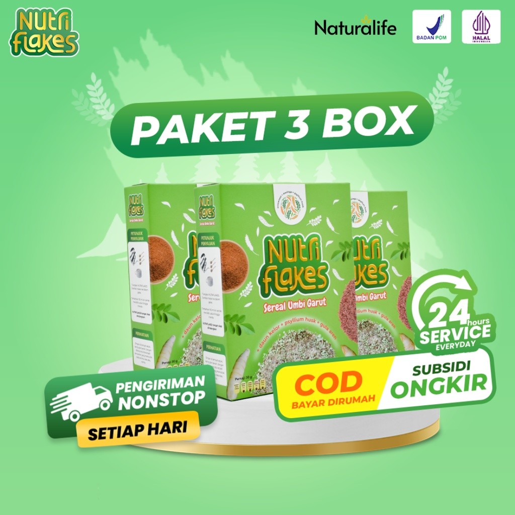 

PAKET 3 BOX NUTRIFLAKES - Minuman Sereal Umbi Garut Solusi Maag Asam Lambung GERD Tukak Lambung Magh Obat Masalah Pencernaan Psyllium Husk