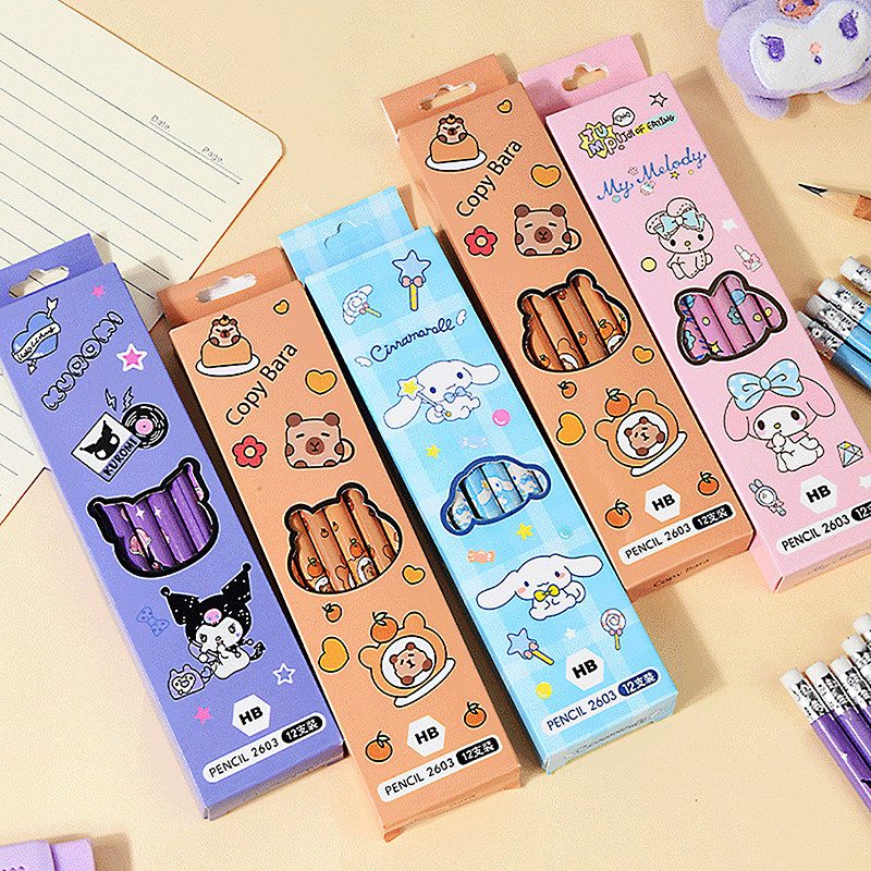 

12PCS Cartoon Pencil Cute Kuromi Cinnamoroll My Melody Capybara Student Stationery School Supplies Student Prize Pencil