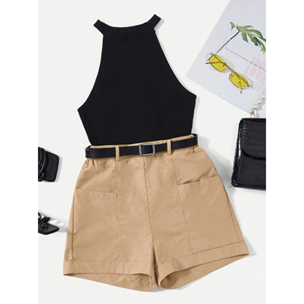 

TRAFZA Casual Knit Tank Top With Shorts Women Suits 2 Pieces Round Neck Vest Blazer+High Waist Wide Leg Shorts Fashion Sets